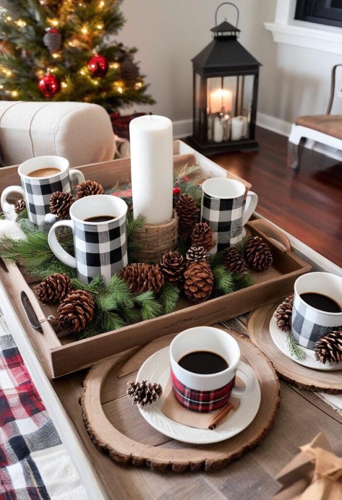 Farmhouse-style Christmas coffee table with rustic mugs, plaid coasters, and pinecones.