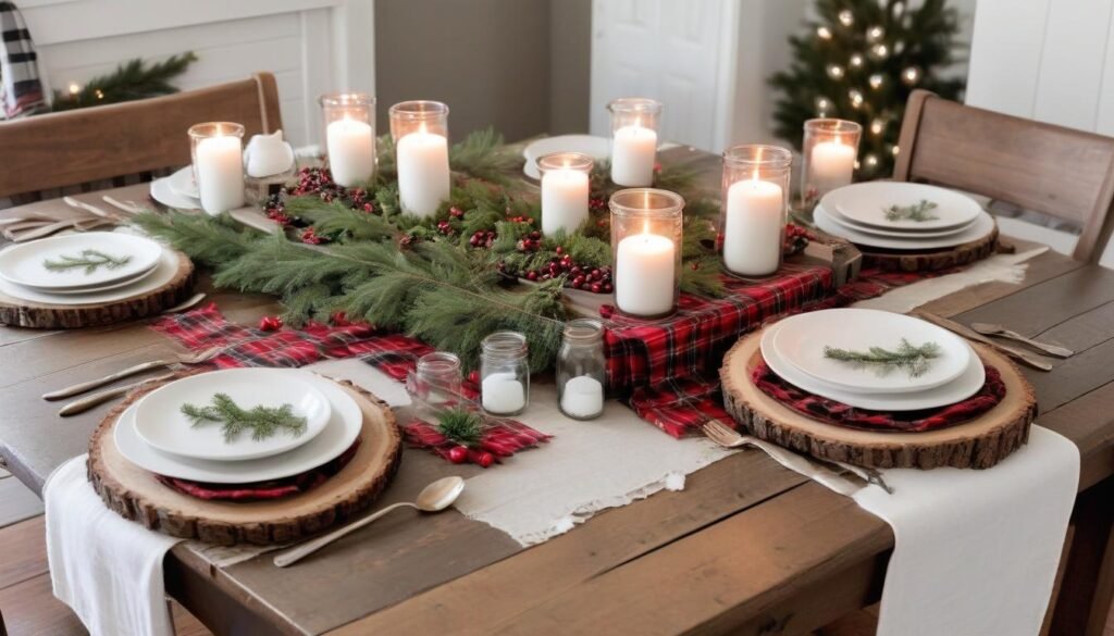 Rustic farmhouse Christmas dining table with mason jar centerpieces and plaid accents.