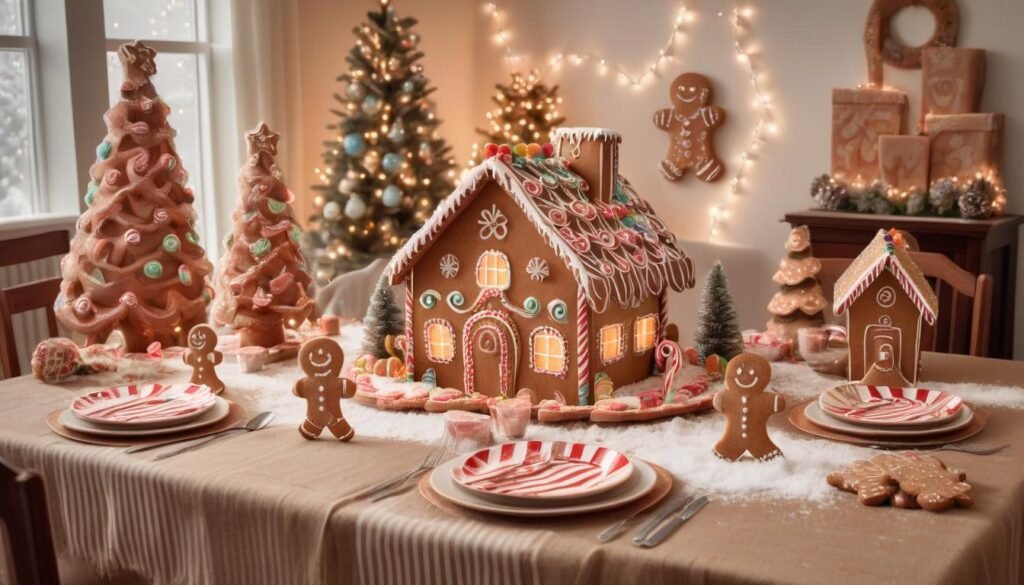 Gingerbread-inspired Christmas dining table with candy and whimsical decor.