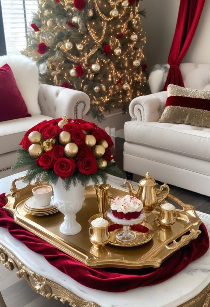 Glamorous Christmas coffee table with gold and red accents.