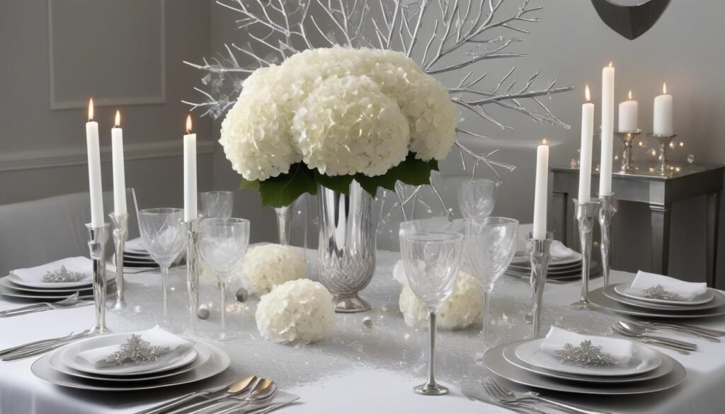  Glamorous Christmas dining table with a silver and white theme, featuring sparkling decor.