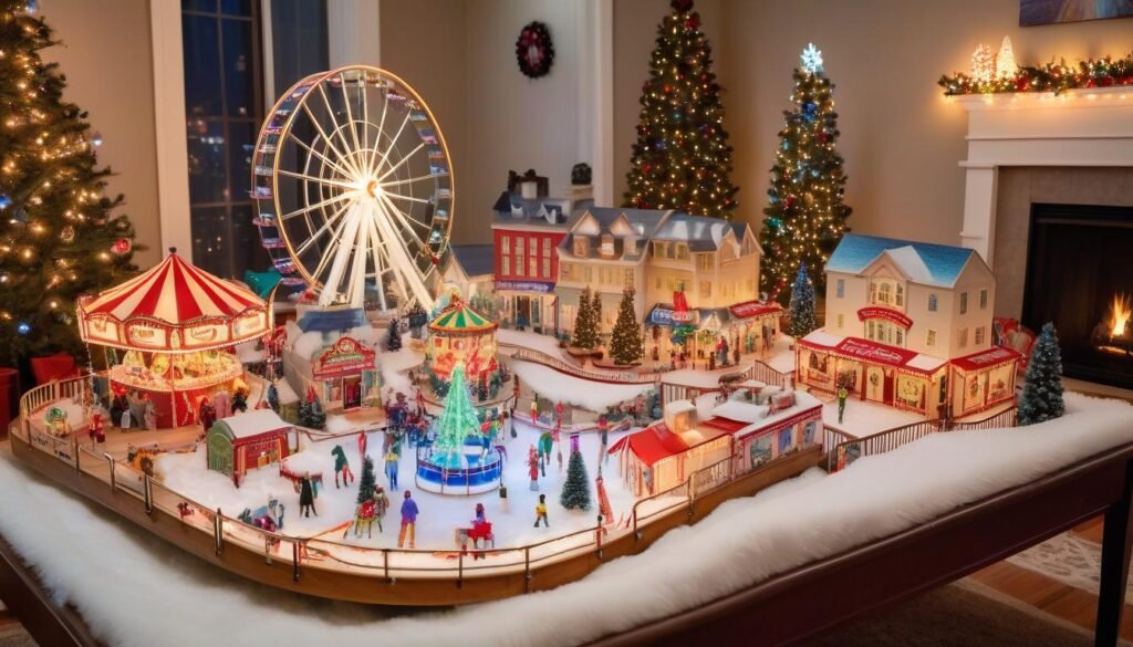Winter carnival Christmas village display on a coffee table in a festive living room.
