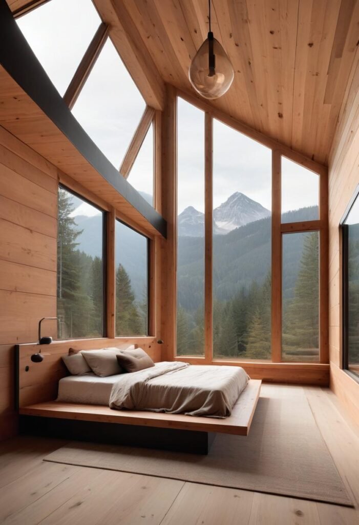 Minimalist mountain bedroom with a platform bed and large window.