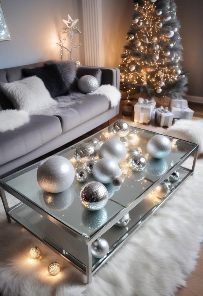 Modern glam with glass ornaments and silver accents.