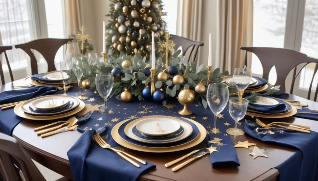 Modern navy and gold Christmas dining table with elegant decor.