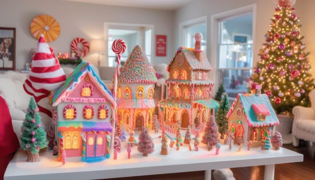 Candyland on a coffee table with lollipop trees and chocolate rooftops.