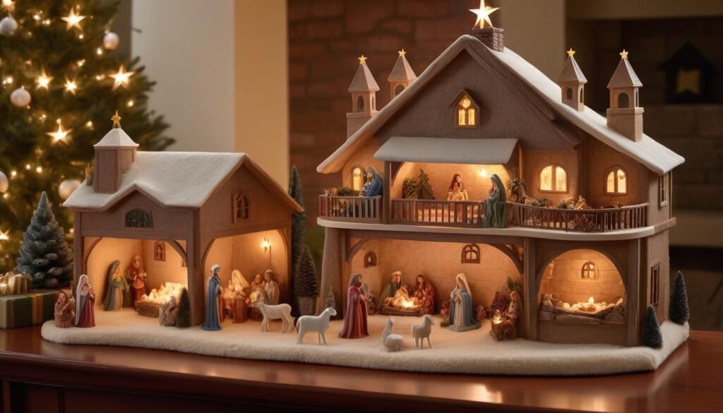 Nativity Christmas village display on a mantle in a traditional living room with glowing star and figurines.
