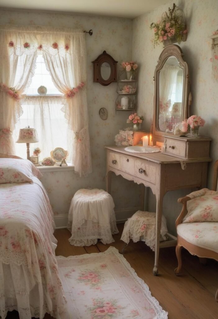 Romantic country cottage bedroom with floral bedding and lace curtains.