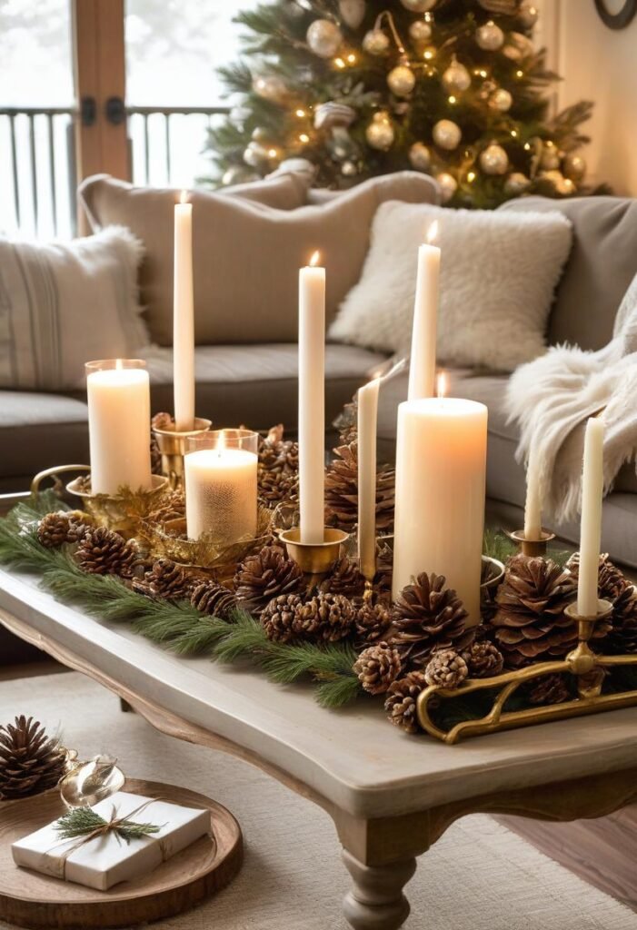 Classic Christmas coffee table decor with candles and pinecones.