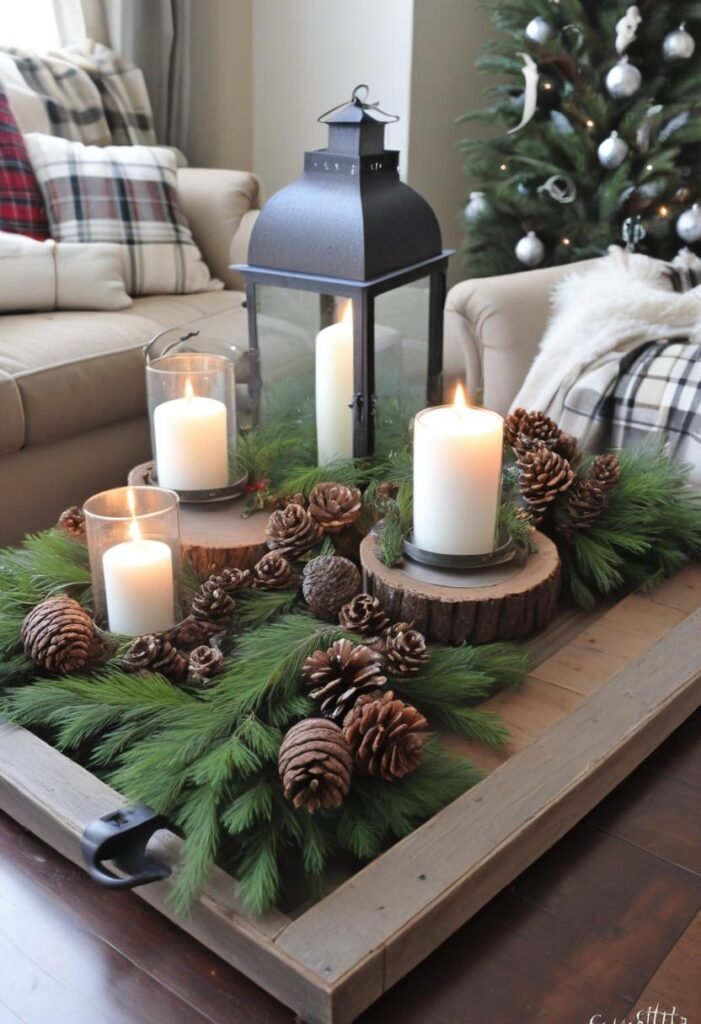 Rustic Christmas coffee table with wooden tray, evergreen branches, and lanterns.