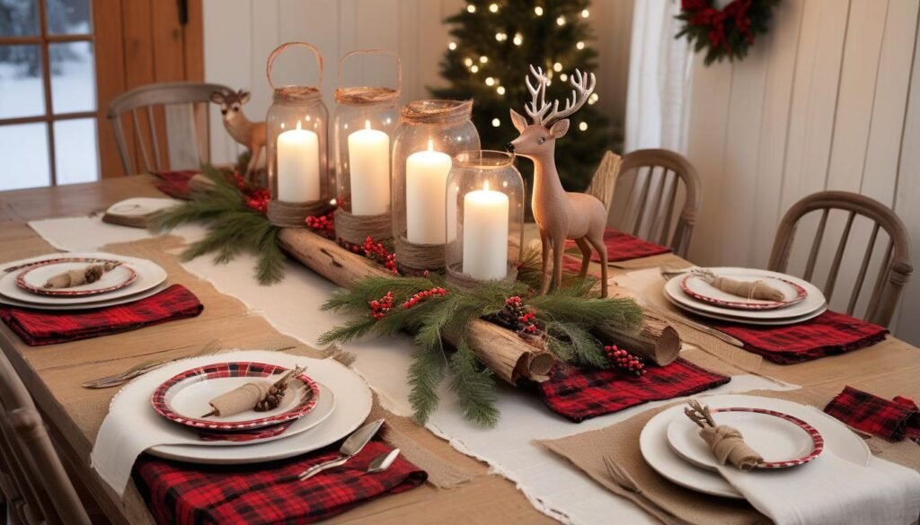 Rustic Christmas dining table with a woodland theme, featuring plaid napkins and natural decor.