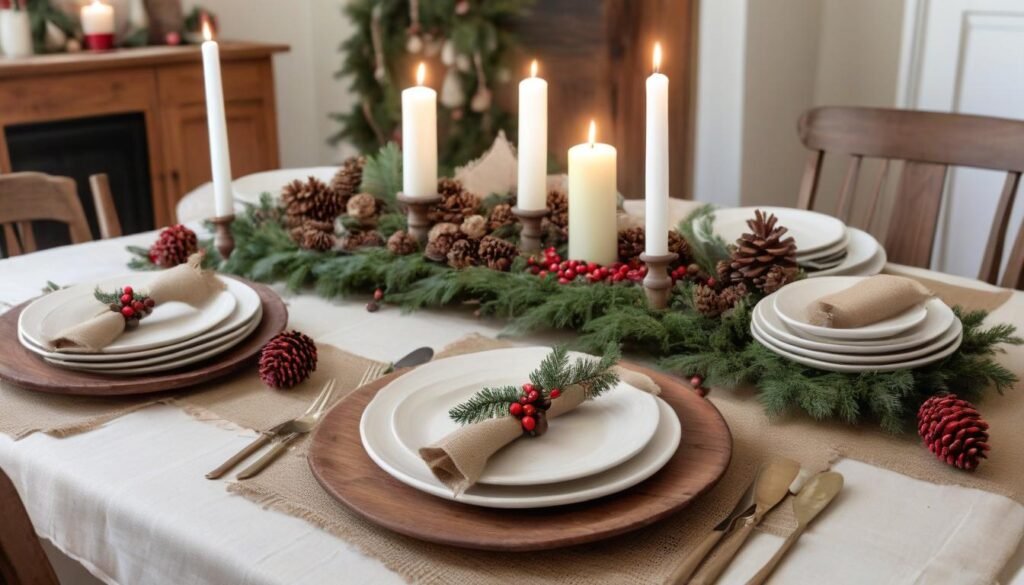  Nature-inspired rustic Christmas dining table with greenery and candlelight.