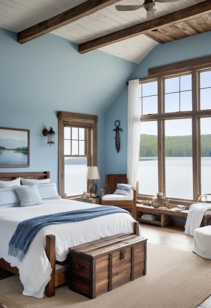 Lake house-inspired bed room with blue walls and nautical decor.