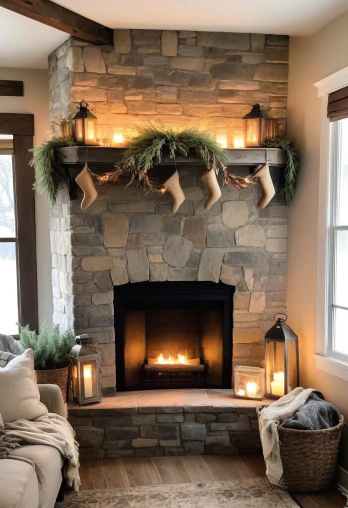 Rustic stone corner fireplace with cozy decor ideas.