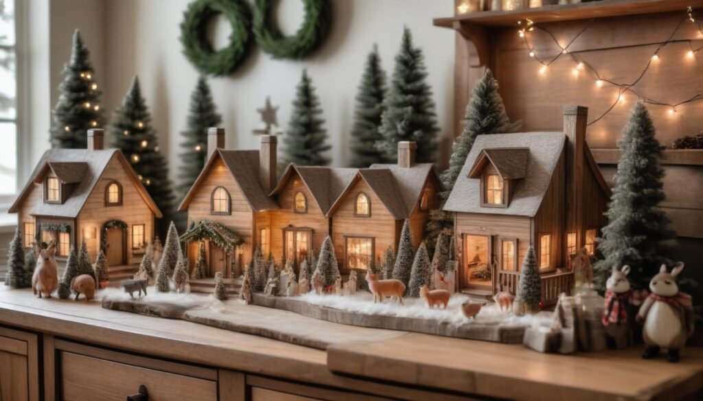 Rustic woodland Christmas village display in a farmhouse-style living room with a cozy fireplace.