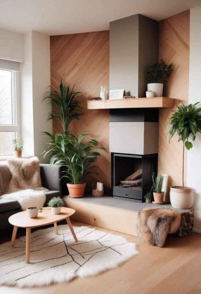 Scandinavian corner fireplace decor ideas with minimalist warmth.