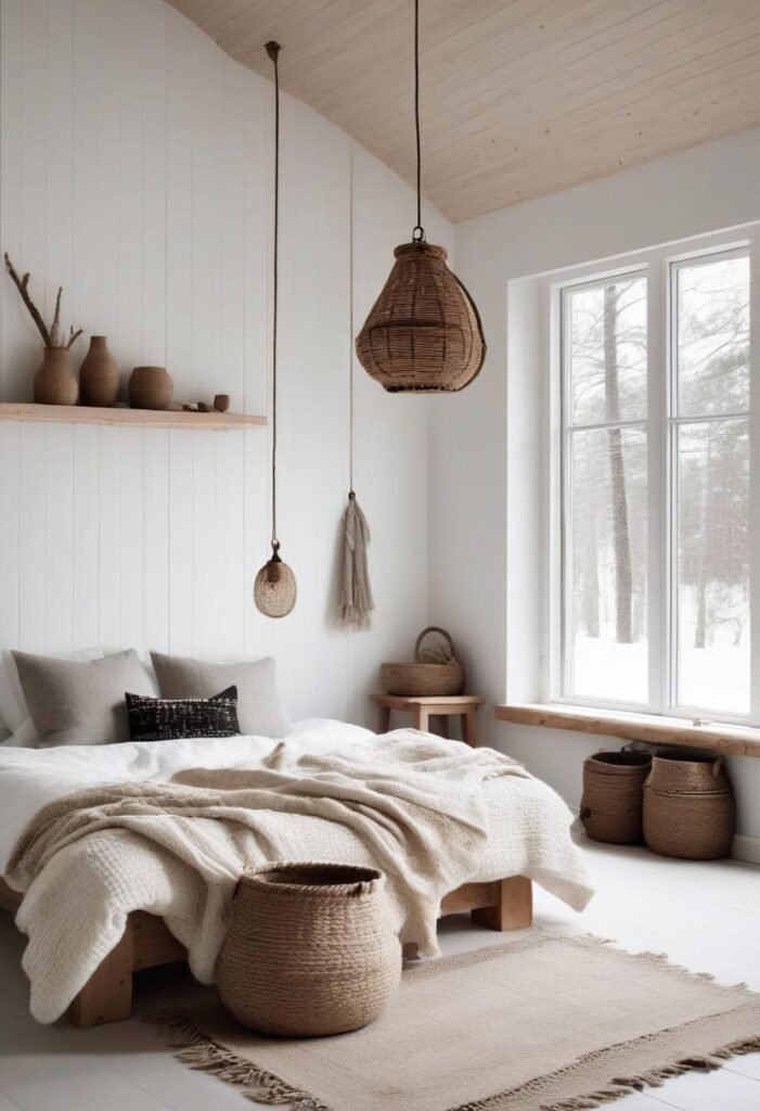 Scandinavian-inspired rustic bedroom with white shiplap walls.