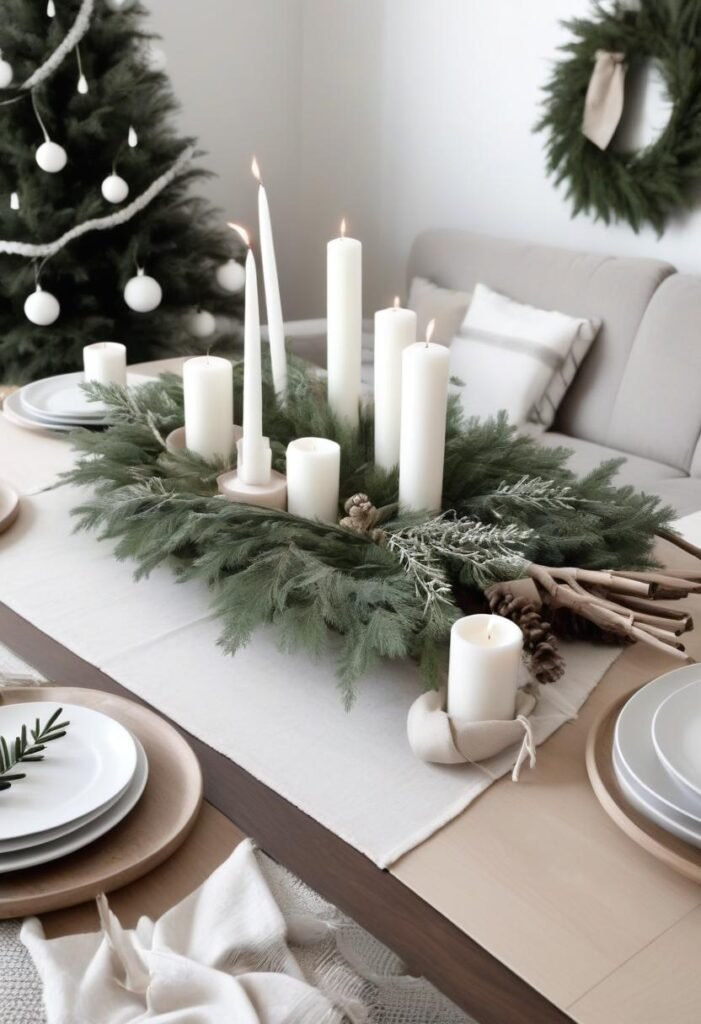Scandinavian-inspired Christmas coffee table with simple decor and natural textures.