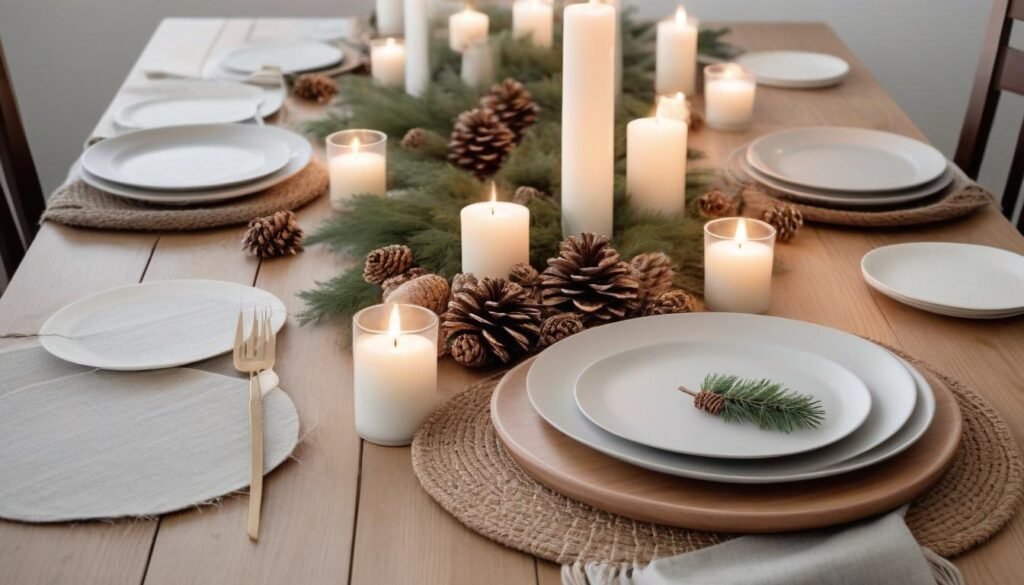 Hygge with candles, natural textures, and cozy decor.