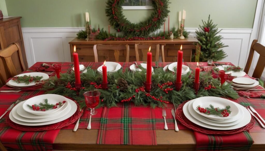 Classic red and green Christmas dining table with festive garland and candles.