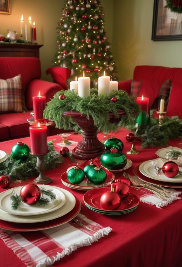 Traditional red and green Christmas coffee table with garlands and ornaments.