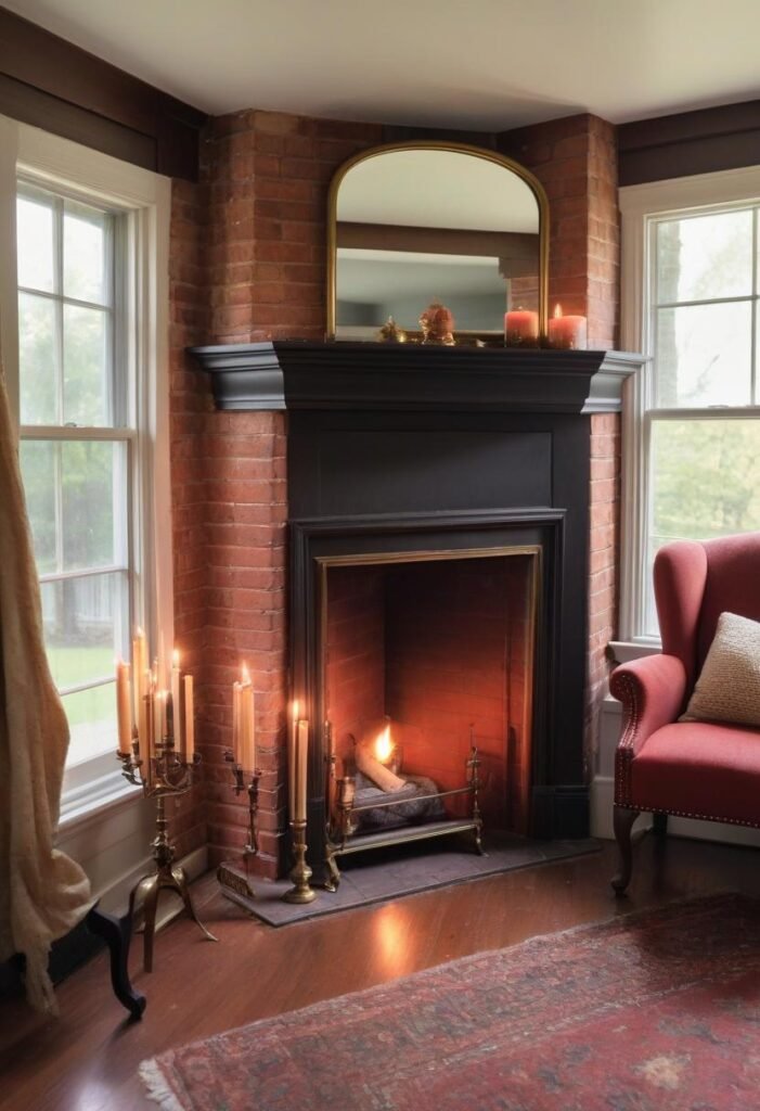 Traditional brick corner fireplace with timeless decor.