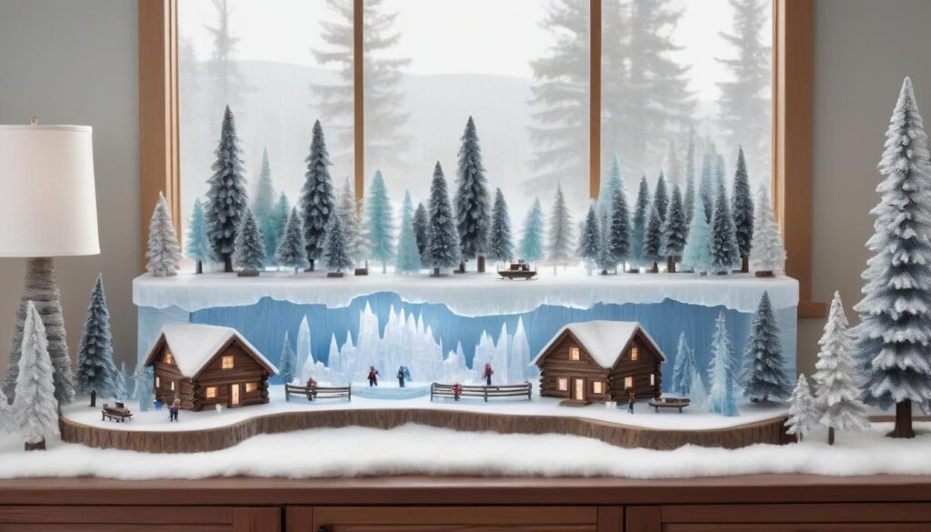 Frozen lake Christmas village display on a sideboard in a bright, minimalist living room.