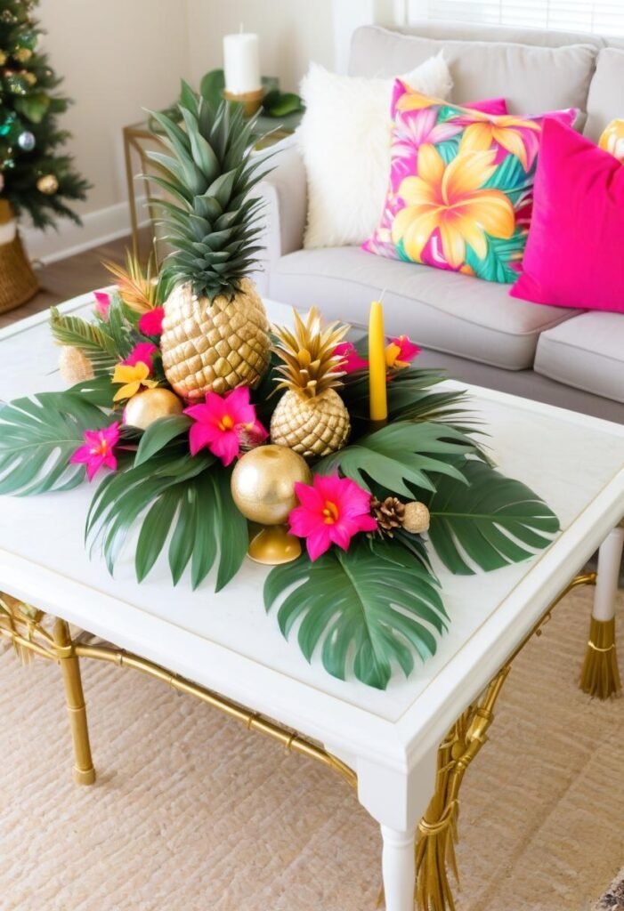 Tropical decor with palm leaves, gold pineapples, and flowers.
