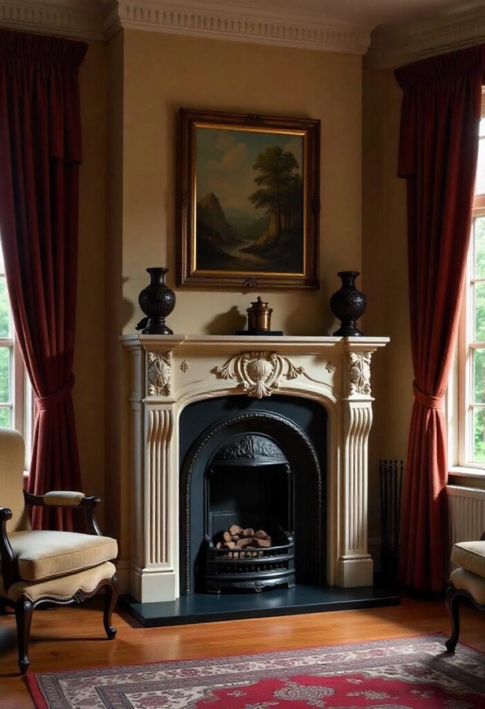 Victorian corner fireplace decor ideas with ornate accents.