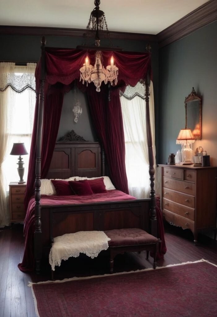 Victorian rustic bedroom with dark wood canopy bed and lace curtains.