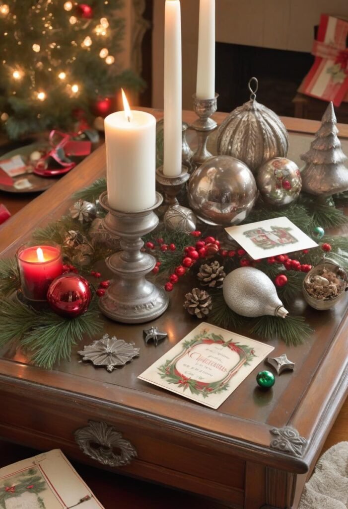 Vintage Christmas coffee table decor with antique ornaments and silver candle holders.