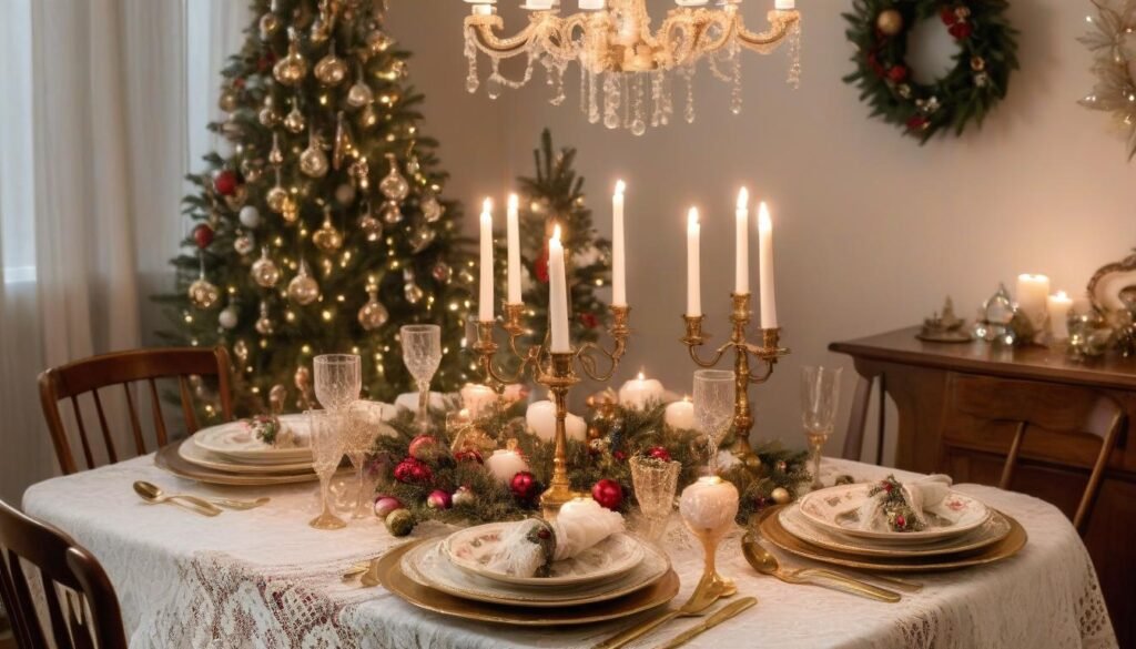 Vintage Christmas dining table with lace and nostalgic decor.