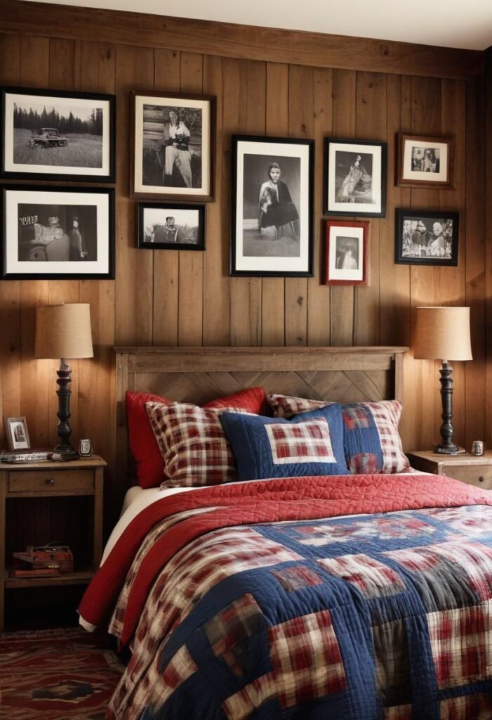 Vintage cabin-style bedroom with quilted bedspread.