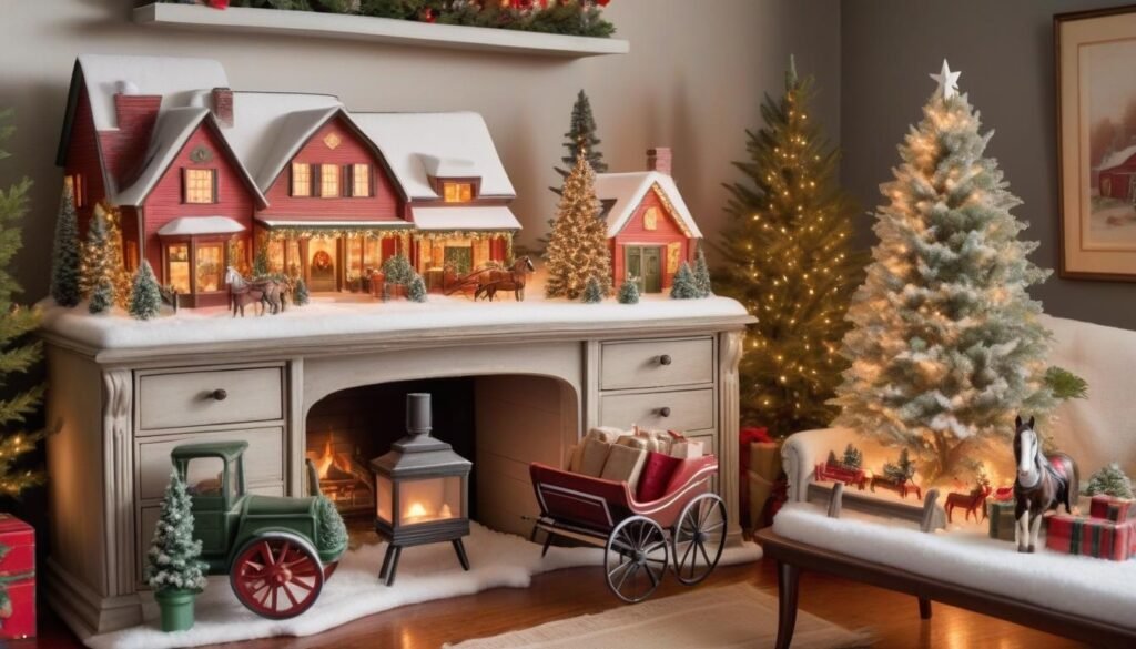 Cozy countryside Christmas village display on a vintage dresser in a warm living room.