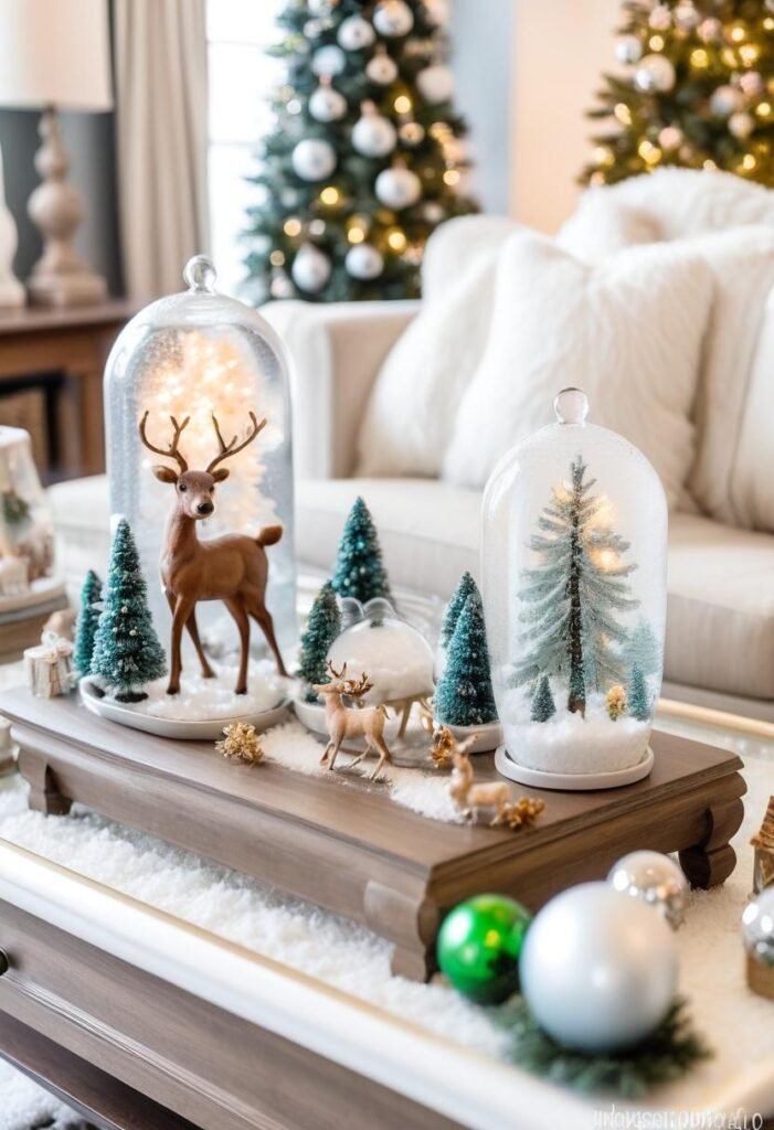 Whimsical Christmas coffee table decor with snow globes and miniature figurines.