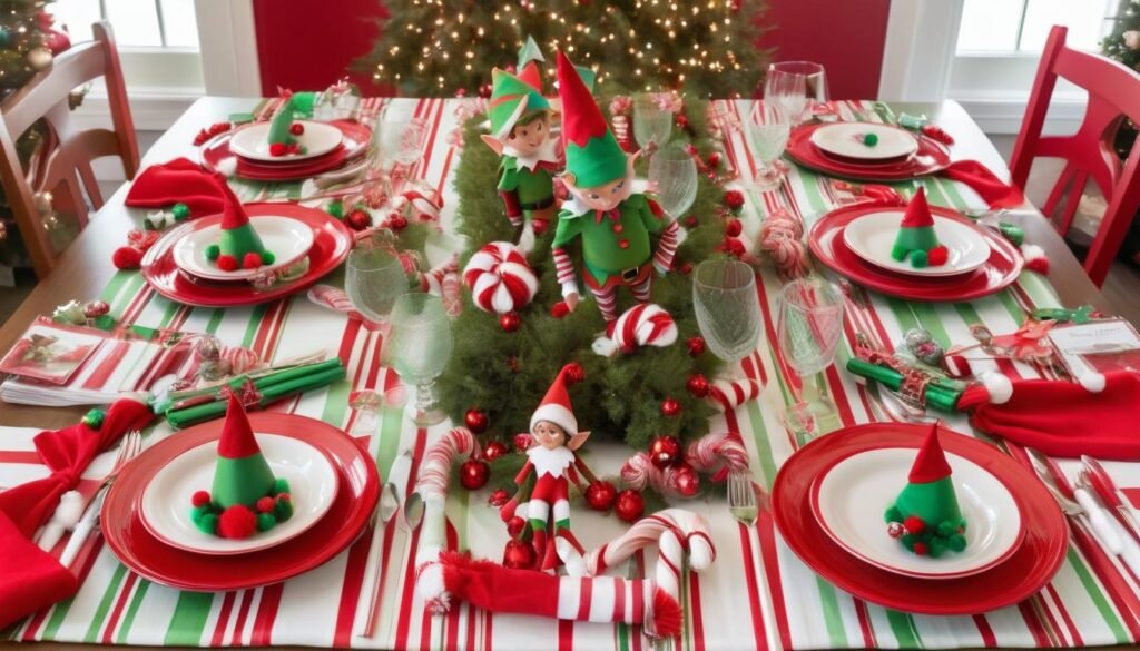 Whimsical elf-themed table with playful and colorful decorations.