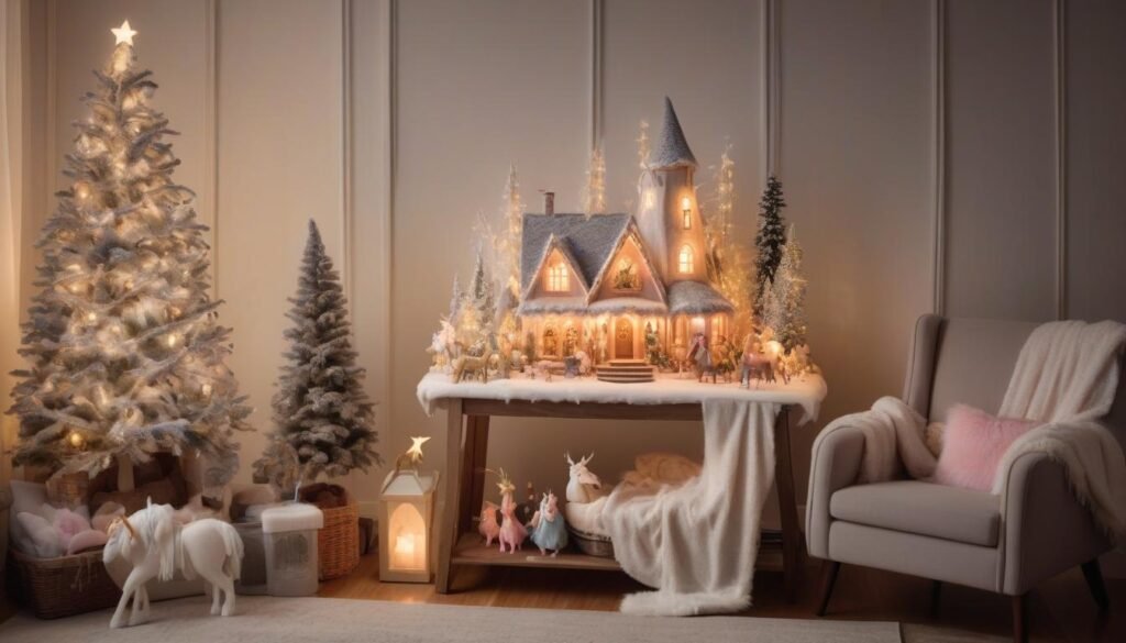 Enchanted forest in a softly lit living room with cozy décor."