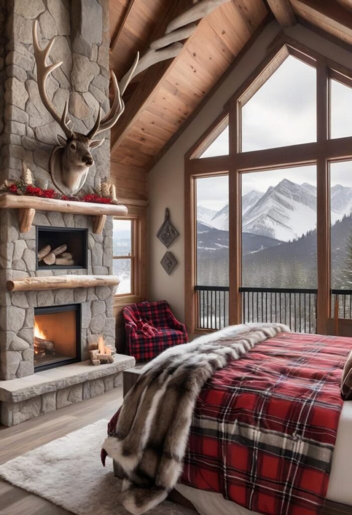 Winter chalet-style bedroom with plaid bedding and stone fireplace.