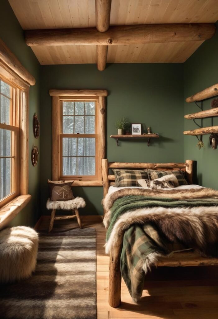 Woodland-inspired rustic bedroom with forest-green walls.