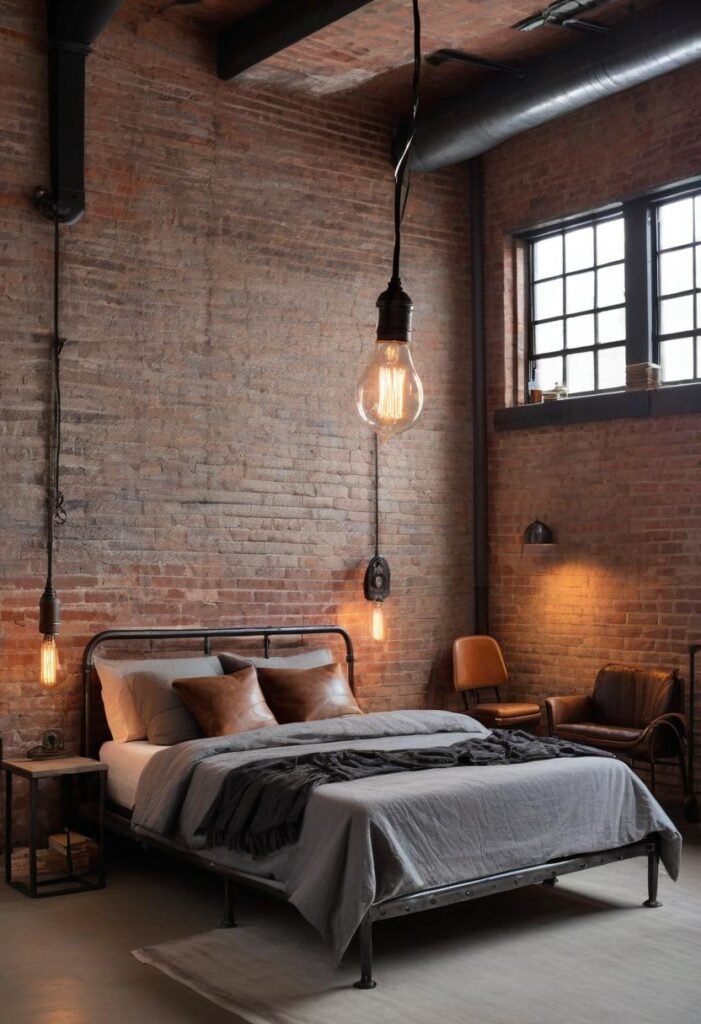 Industrial rustic bedroom with exposed brick and metal accents.