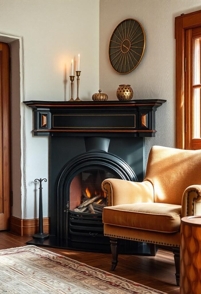 Art Deco corner fireplace decor ideas with vintage glamour.