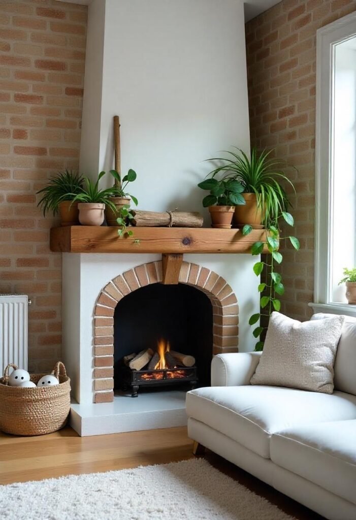 Nature-inspired corner fireplace decor ideas with organic decor.