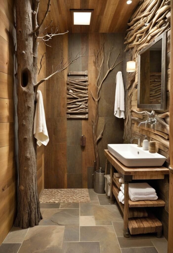 Woodsy rustic bathroom with tree branch decor and reclaimed wood walls.