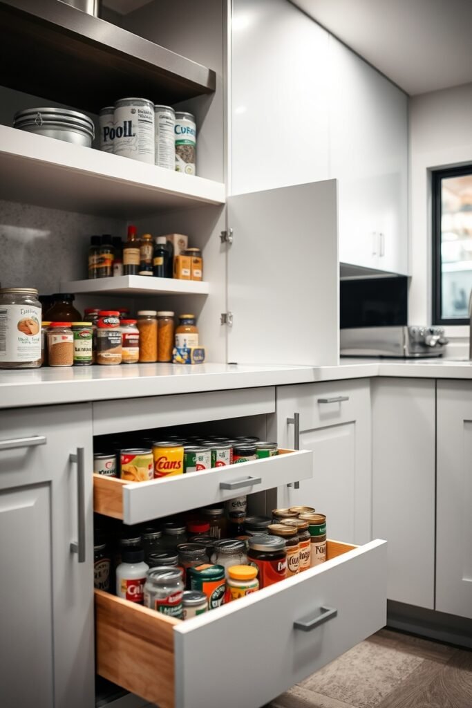 Pull-out pantry drawers with organized cans and spices in a modern kitchen.
