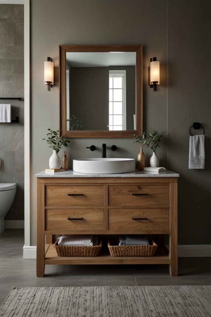 Space-saving vessel sink vanity in a small bathroom with open storage below.