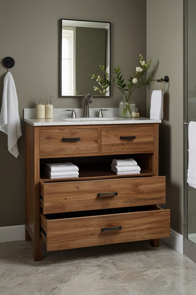 Space-saving bathroom vanity with drawers for efficient organization in a tiny bathroom.