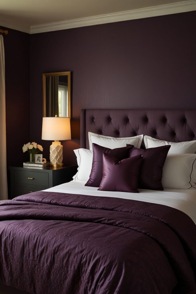 Bedroom with deep plum walls and elegant décor.
