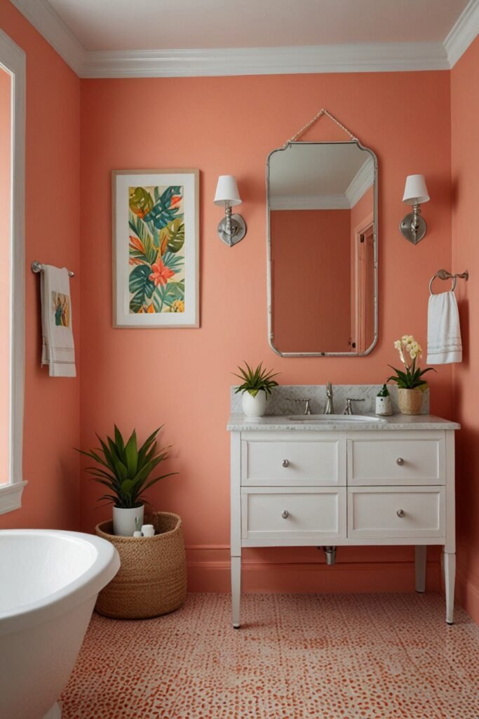 Bathroom with coral walls and white fixtures.