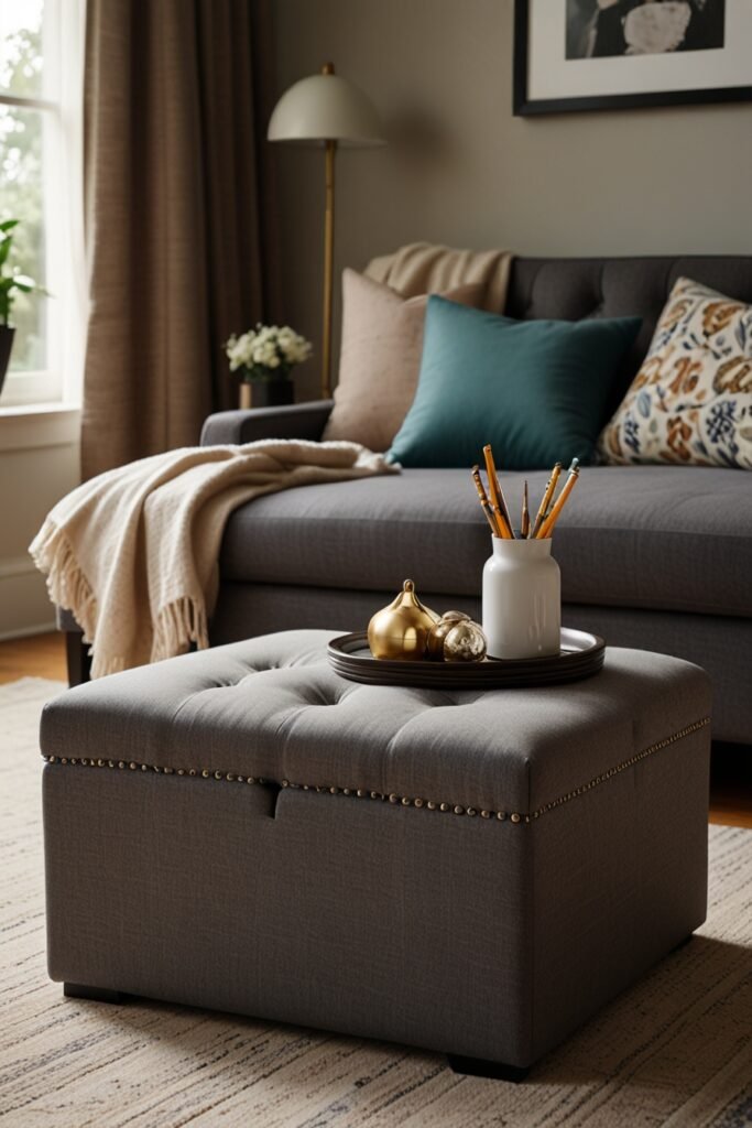 Storage ottoman in a living room for hidden storage.
