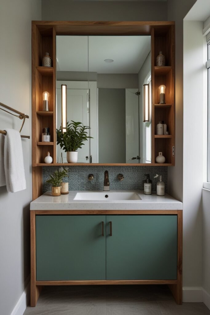 Space-saving bathroom vanity with an integrated mirror for dual functionality.